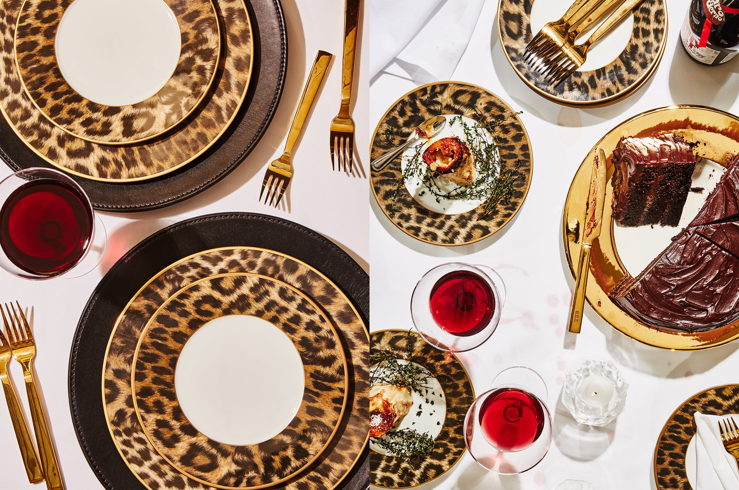 <em>left</em>: <rlmag_link productid="77681">hutchinson dinner</rlmag_link> and salad plates, norwood wine goblet, academy flatware; <em>right</em>: norwood wine goblet, academy flatware, hutchinson dessert plate, somerville gold charger, leigh votive