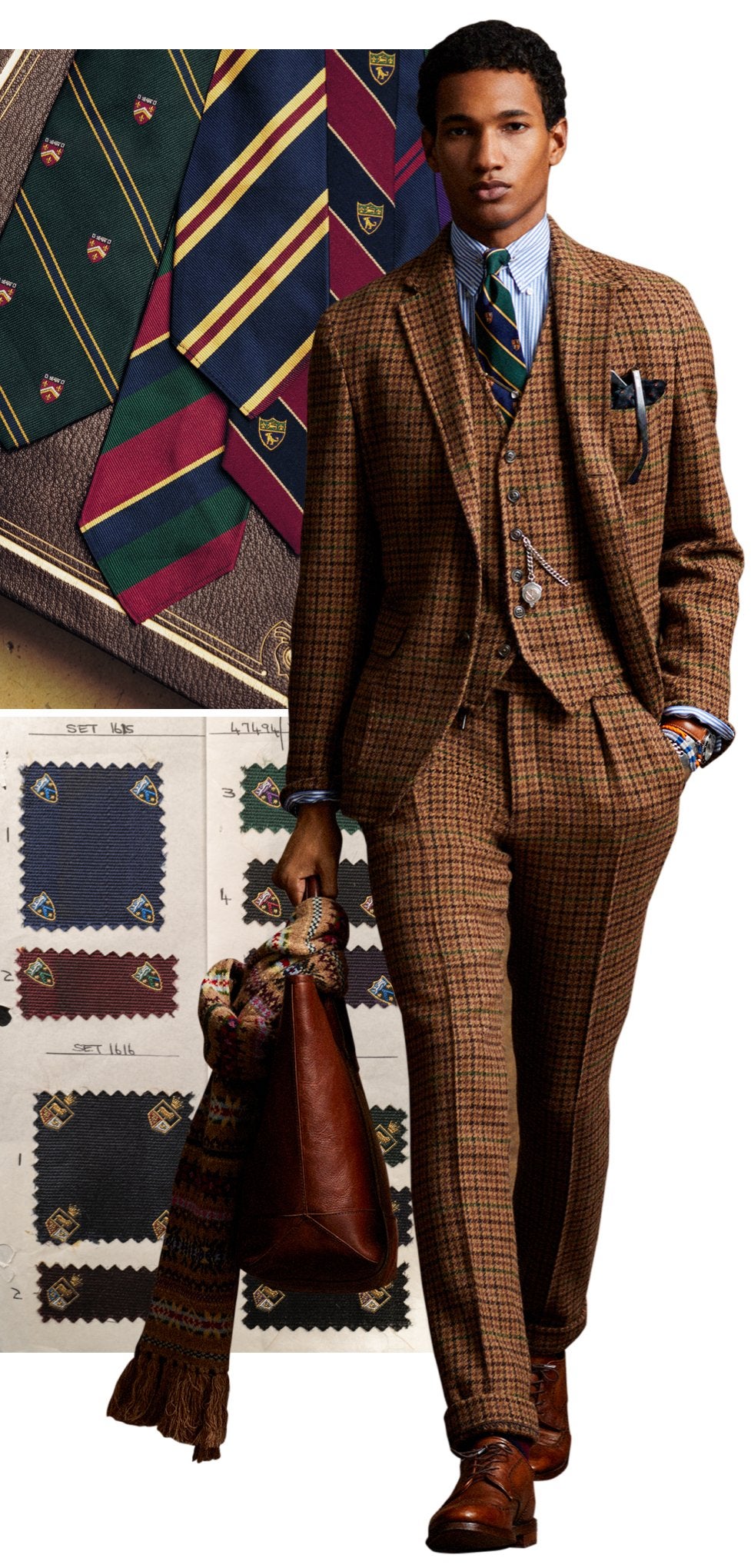 <strong>LLEVAR UNA REPP</strong><br/><span>El autor con una taza de Ralph's Coffee; una selecci&oacute;n de corbatas repp con rayas y her&aacute;ldicas; un look de Polo Originals de esta temporada; y una muestra de un telar en Inglaterra, donde se han tejido las corbatas repp de Polo durante muchos a&ntilde;os</span>