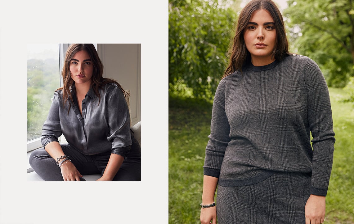 Woman wears grey sweater and matching skirt.